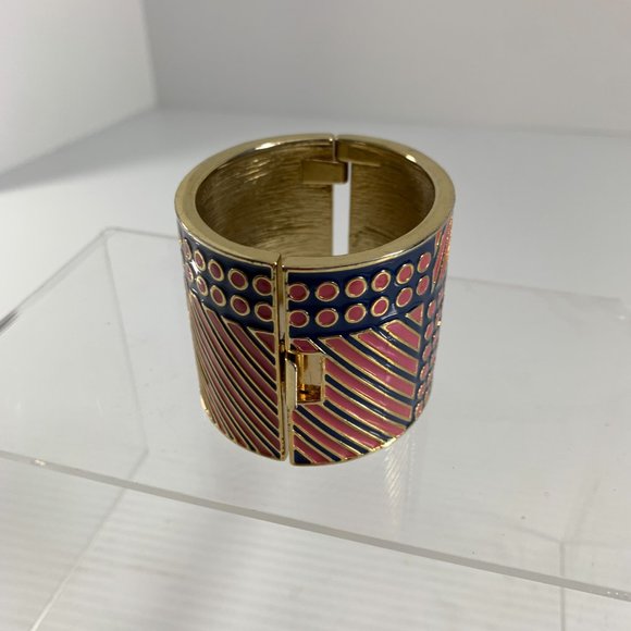 Banana Republic Cuff Bracelet Hinge Navy Blue Pink Enamel Stripe Dots 2" Wide - Picture 2 of 7